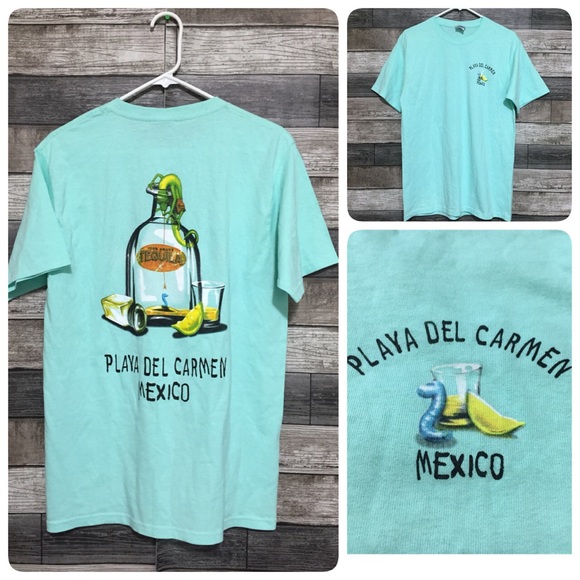 Playa Del Carmen Mexico T Shirt Men’s M Green Blue Tequila Graphic Print - Picture 1 of 10